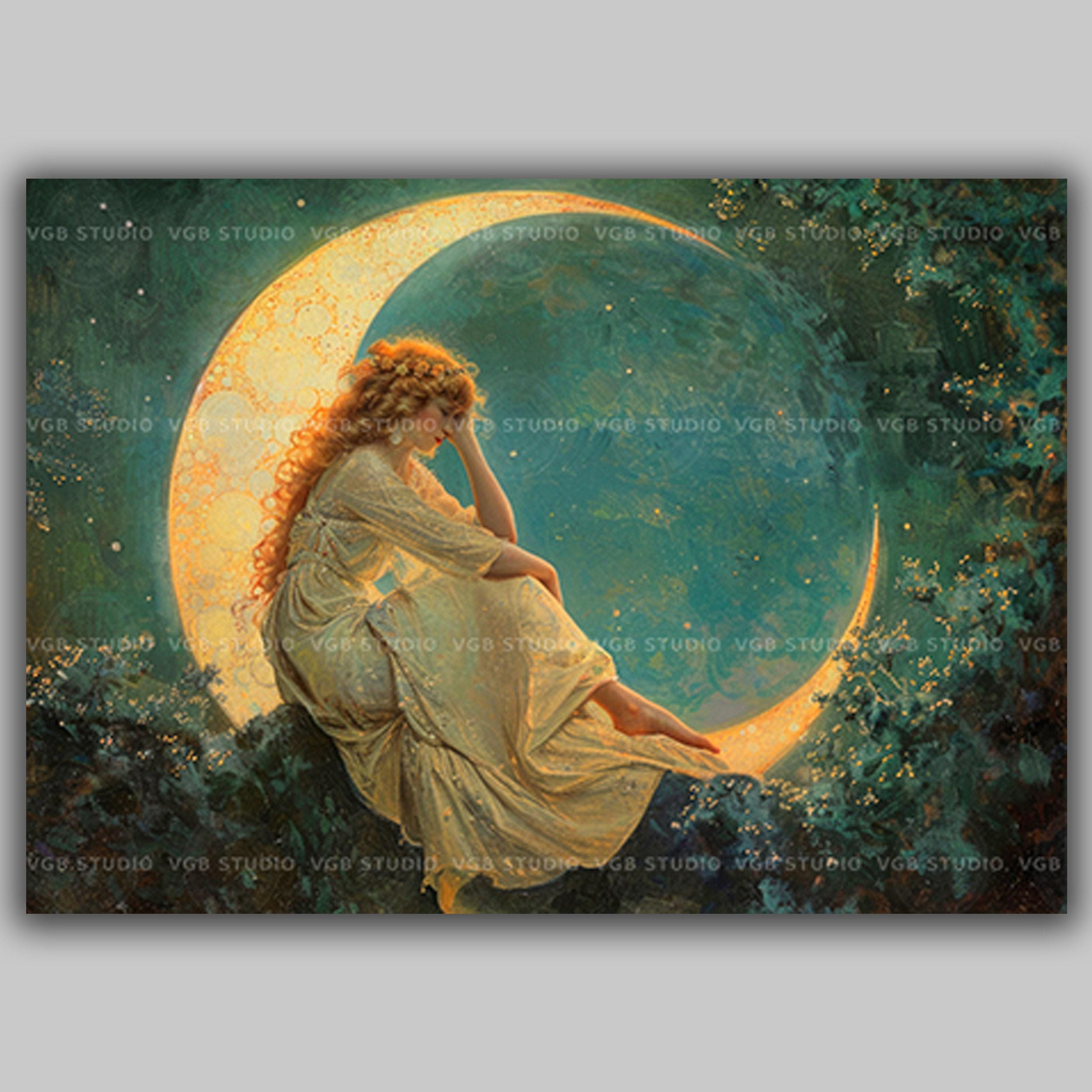 Woman on Crescent Moon Art Print | Celestial Fantasy Wall Decor | Stars  Night Sky Dreamy Romantic Victorian Classical Ethereal Painting M75 - Etsy  Israel, image size:2500x2500