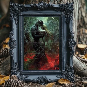 Romantasy Wall Art Print, Demon Prince and Mortal Woman Embrace, Underworld Hellscape, Dark Fantasy Book Lover Decor w91 image 4