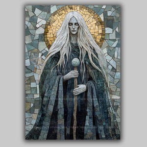 May include: A digital art print of a figure with long white hair, wearing a dark cloak, and holding a staff with a sphere on top. The background is a mosaic of various shades of blue, green, and gray tiles, with a golden halo behind the figure's head.