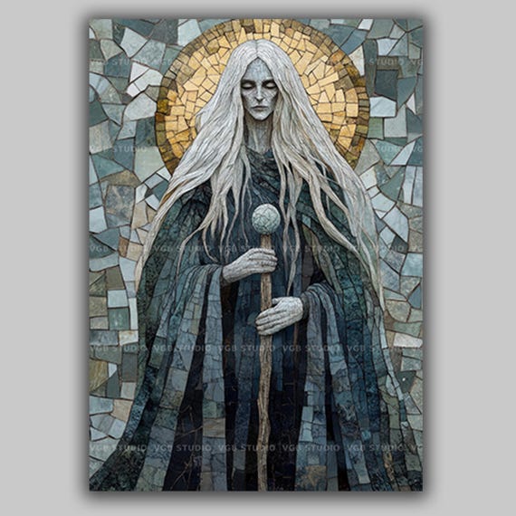 Cailleach Celtic Winter Goddess Wall Art Print Ancient Crone Mosaic Portrait Scottish Folklore Dark Pagan Icon Slate Blue Gold AK46