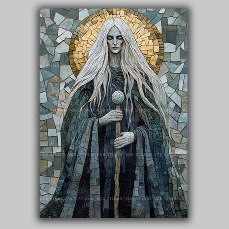 May include: A digital art print of a figure with long white hair, wearing a dark cloak, and holding a staff with a sphere on top. The background is a mosaic of various shades of blue, green, and gray tiles, with a golden halo behind the figure's head.