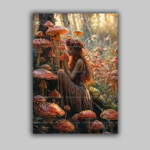 Enchanted Fairy Art Print Enchanted Mushroom Forest Decor Red Toadstool Fantasy Illustration Fairycore Wall Art Whimsical Nature Scene q32