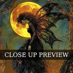 May include: A digital illustration featuring a figure with dark, intricate wings standing before a large, glowing yellow moon. The figure wears a black, textured gown adorned with small orange and blue butterfly motifs against a dark forest.