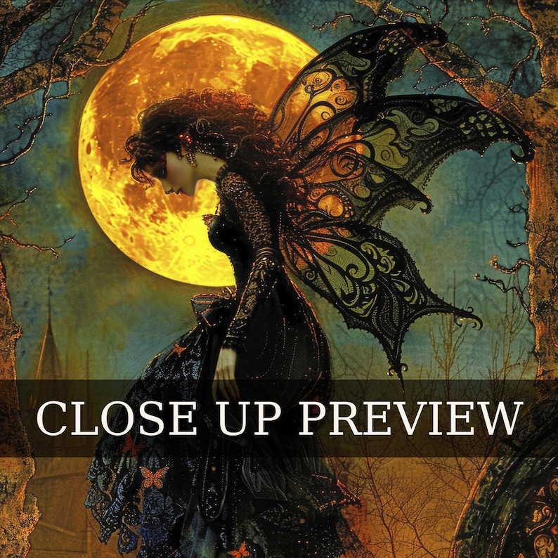 May include: A digital illustration featuring a figure with dark, intricate wings standing before a large, glowing yellow moon. The figure wears a black, textured gown adorned with small orange and blue butterfly motifs against a dark forest.