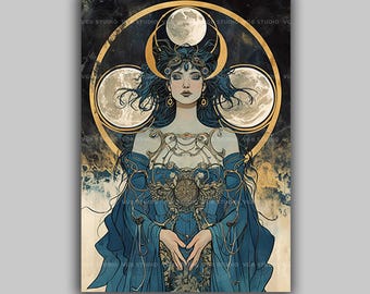 Hecate Greek Goddess Art Print | Triple Moon Art Nouveau Blue Gold Witchcraft | Pagan Mythology Magic Celestial Wall Decor Mucha | k65