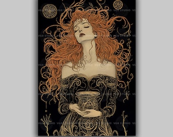 Ceridwen Welsh Goddess Art Print, Cauldron of Awen, Celtic Mythology Pagan Wall Decor, Witchcraft Dark Academia u64