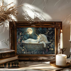 Eenhoorn bad muur kunst print, maanverlichte tuin badkamer decor fantasie paard poster Cottagecore gotische bloemen cadeau horizontale magische scène ac32 afbeelding 4