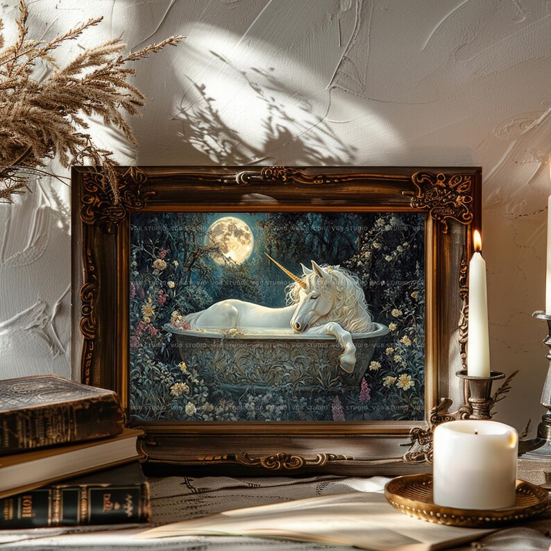 Eenhoorn bad muur kunst print, maanverlichte tuin badkamer decor fantasie paard poster Cottagecore gotische bloemen cadeau horizontale magische scène ac32 afbeelding 4