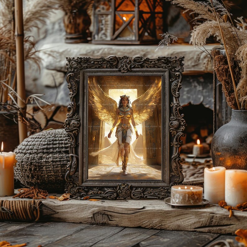 Isis Goddess Wall Art Print, Ancient Egyptian Mythology Decor, Divine Feminine Portrait, Golden Wings, Sacred Pyramid Temple Scene AB60 image 6