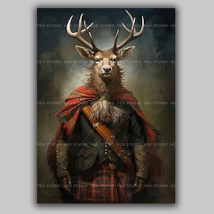 Op de afbeelding: Een digitale illustratie van een hert met een groot gewei, gekleed in een rood en groen geruite tartan kilt en bijpassende sjaal over een donker jasje. Het hert staat centraal tegen een donkere achtergrond met herhalende VGB STUDIO tekst.