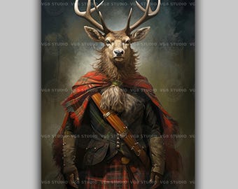 Highland Stag Wall Art Print, Scottish Deer Portrait, Tartan Kilt Animal Painting, Dark Academia Wildlife Decor Clan Gentleman Poster D85