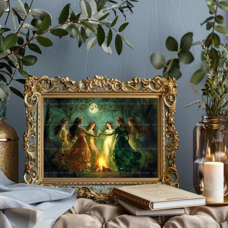 Midsummer Witch Dance Art Print Moonlit Forest Ritual Bonfire Pagan ...