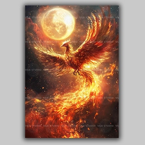 Könnte beinhalten: Lebendiger Kunstdruck eines Phönix im Flug vor einem Vollmond und feurigen Wolken. Das Kunstwerk zeigt eine Farbpalette aus Orange, Rot und Gold mit einem himmlischen Thema. Der Text "VGB STUDIO" ist sichtbar.