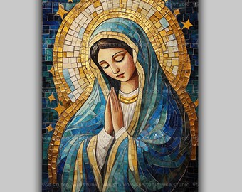 Our Lady Of Grace Virgin Mary Catholic Marian Devotional Wall Art Print, Blue Gold Mosaic Madonna Sacred Christian Religious Prayer AL06