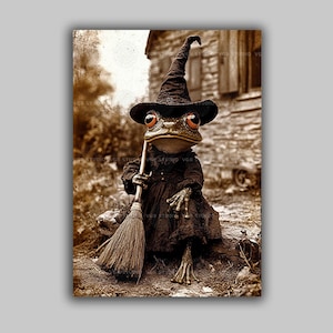 May include: A sepia print depicting a frog in a witch costume, complete with a black hat and dress, holding a broom. The frog has red eyes and is seated on a rock. A stone building and foliage form the backdrop.