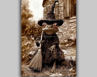 Frog Witch Wall Art Print, Toad with Broom Vintage Halloween Poster, Gothic Cottagecore Decor, Dark Academia Whimsical Gift S46