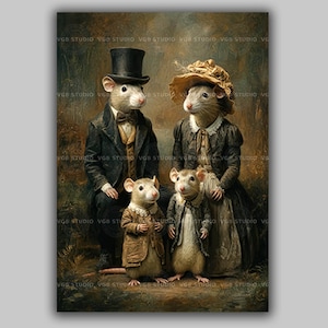 May include: A family of mice, dressed in Victorian attire, is the subject of this vintage-style portrait. The father mouse wears a top hat and suit, the mother a bonnet and dress, and the children small coats. The artwork has a soft, painterly quality.