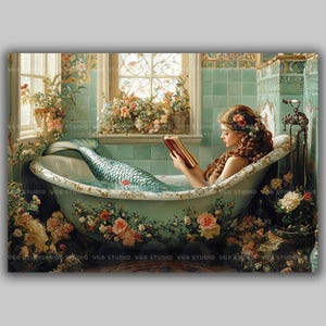Mermaid Reading in Floral Bathtub Wall Art Print Vintage Bathroom Decor, Cottagecore Fantasy Book Lover Gift Whimsical Siren Horizontal y81 image 1