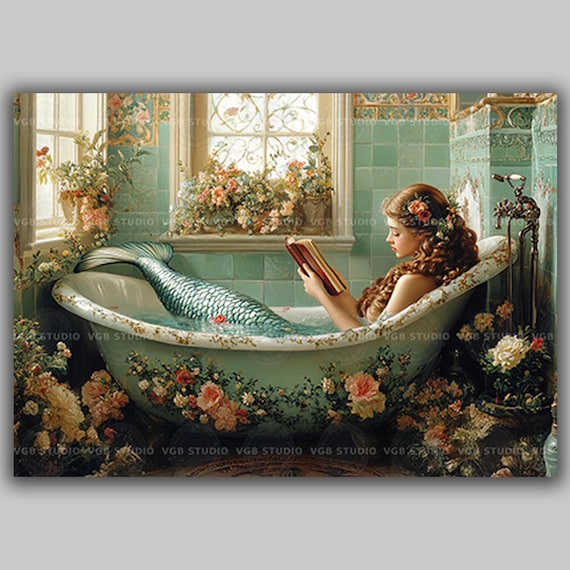 Mermaid Reading in Floral Bathtub Art Print Fairytale Bathroom Decor Romantic Artwork Whimsical Cottagecore SirenWall Art Vintage Floral y81