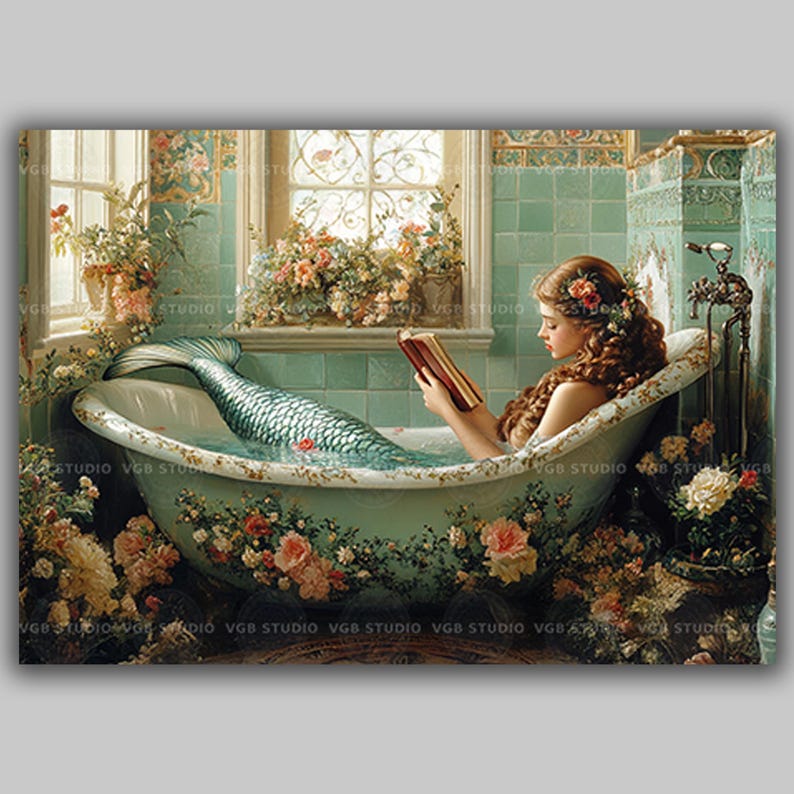 Mermaid Reading in Floral Bathtub Wall Art Print Vintage Bathroom Decor, Cottagecore Fantasy Book Lover Gift Whimsical Siren Horizontal y81 image 1
