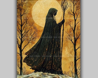 Cailleach Art Print, Celtic Winter Crone Goddess, Solstice Folklore Wall Decor, Scottish Pagan Witch Poster, Full Moon Forest Painting AK21