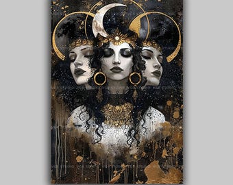 Hecate Triple Goddess Wall Art Print Three Faces Maiden Mother Crone Triformis Gothic Moon Phase Witchcraft Pagan Altar Decor s62