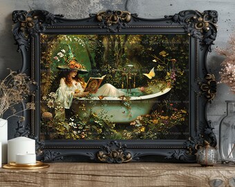 Impresión de una bruja en la bañera leyendo un bosque encantado, pintura de  estilo barroco de fantasía y brujería, obra de arte Cottagecore de Light