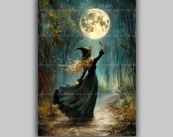 Witch Reaching for the Full Moon Art Print, Whimsical Witchy Forest Wall Decor, Magical Moon Artwork, Cottagecore Pagan Witch Print t30