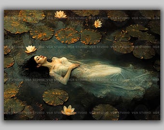 Ophelia Art Print | Woman Floating in Water | Lily Pond Pre-Raphaelite Romantic Tragedy Shakespeare Fantasy Ethereal Wall Decor Gift | AJ14