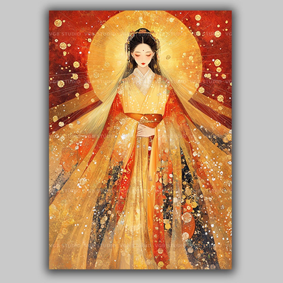 Amaterasu Art Print | Japanese Sun Goddess Golden Kimono Radiant Light ...