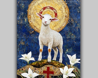 Lamb of God Baptism Gift Christian Wall Art Print, Agnus Dei Mosaic Religious Icon Poster, Catholic Home Decor, Easter Lily Painting an99
