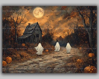 Halloween Ghosts Wall Art Print Spooky Vintage Autumn Scene Witchy Artwork Cottagecore Fall Decor Pumpkin Illustration Rustic Halloween W34