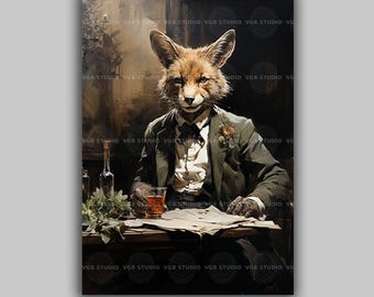 Fuchs Kunstdruck Viktorianische Tier Portrait in Anzug Portrait Lustig Wand Kunst Schrullig Heim Dekor Gentlemen Bar Lounge Studieren Geschenk Skurril Druck D17