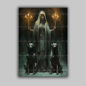 Hecate Greek Goddess of Witchcraft and Magic Art Print Pagan Altar Decor Moon Goddess with Dogs Underworld Deity Witch Wall Art H18