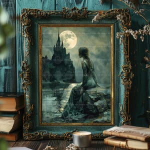 Full Moon Castle Wall Art Print, Dark Academia Poster, Victorian Goth, Moody Home Decor, Fantasy Gifts, Spooky Aesthetic, Medieval Lady M58 image 4