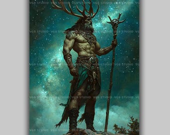 Cernunnos Art Print Celtic Horned God Pagan Decor Forest Deity Wall Art Green Man Mythology Stag Antler Nature Spirituality Witchcraft AH03