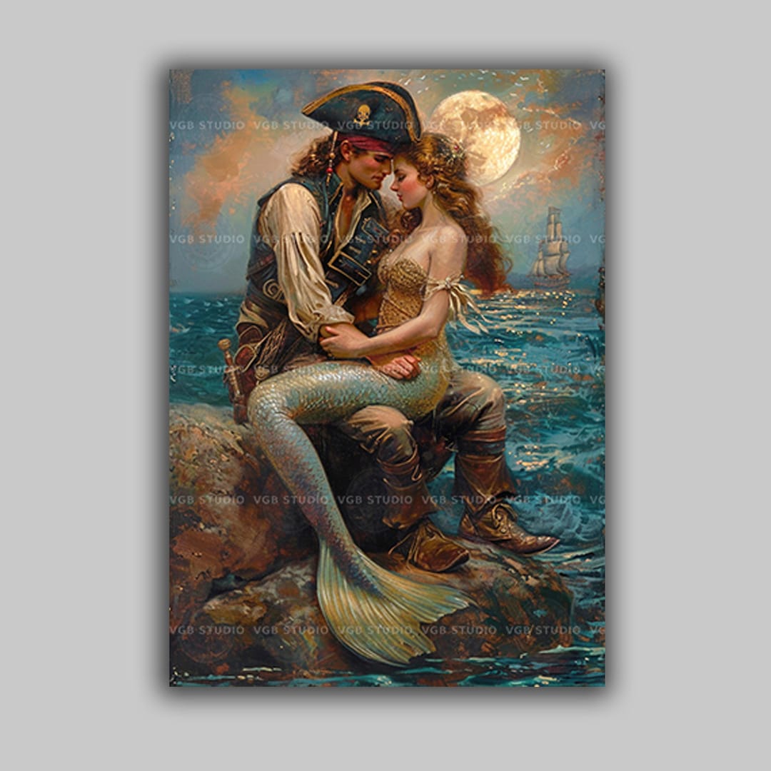 Impresión artística de piratas y sirenas, fantasía, océano