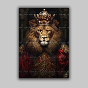 Gothic King Lion Print, Dressed Animal Poster, Dark Academia, Classic art, Baroque Poster, Art Poster Print, Home Decor, Oil Painting A37