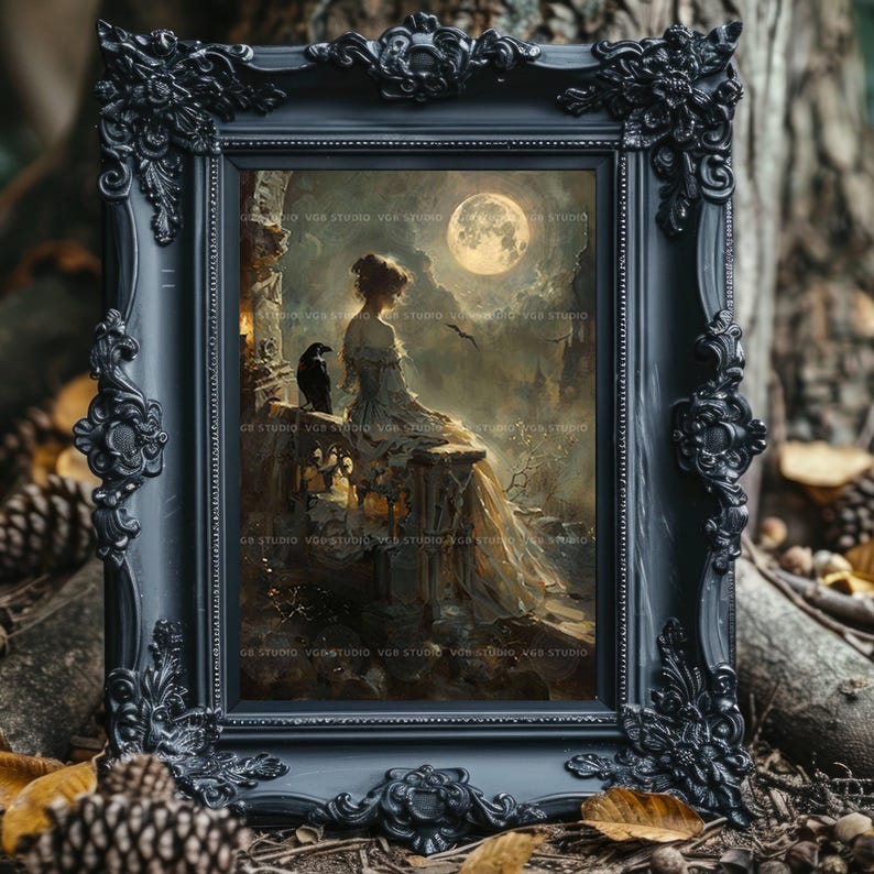 Viktorianische Frau als Kunstdruck, Rabe auf Burgruinen, Vollmond-Wanddeko im Stil der Skurrilität, Gemälde mit dunkler Romantik und Krähe, Stimmungsposter L94 Bild 2