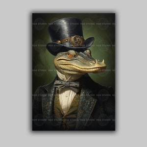 May include: A portrait of an alligator wearing a black top hat with a steampunk-style band, a bow tie, and a patterned vest. The alligator is dressed in a dark suit against a green background. The image has the text "VGB STUDIO" repeated.