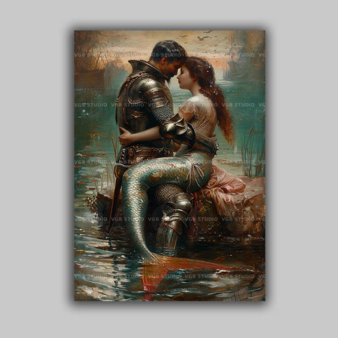 Mermaid Knight Remy Knight and Mermaid Art Print Romantic Fantasy Painting Medieval Love ...