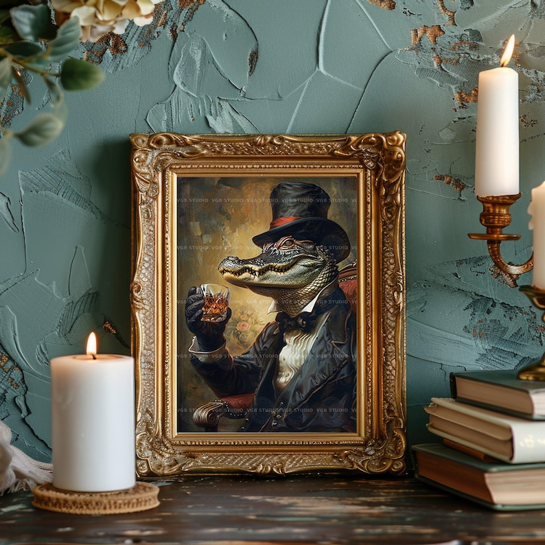 Alligator-Whisky-Wandbild, viktorianisches Tiermotiv, Dark-Academia-Poster, Speakeasy-Dekoration, Luxusgeschenk für Männer, Krokodilgemälde t25 Bild 4