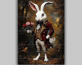 Victorian Rabbit with Roses Art Print Whimsical Animal in Red Coat and Gold Vest Fantasy Illustration Storybook Gentleman Woodland Scene t41