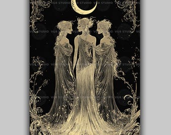 Triple Moon Goddess Wall Art Print, Maiden Mother Crone, Black Gold Celestial, Wiccan Pagan Decor, Art Nouveau Witchy Linework AD52