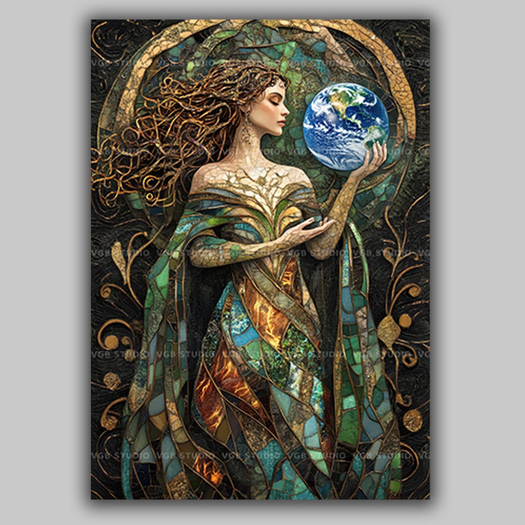 Gaia Stained Glass Mosaic Art Print, Greek Earth Goddess Mother Nature ...