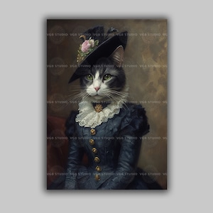 Victorian Cat Portrait Wall Art Dressed Feline Print Elegant Pet in Blue Dress Vintage Animal Decor Whimsical Classic Art Pet Lover Gift E18