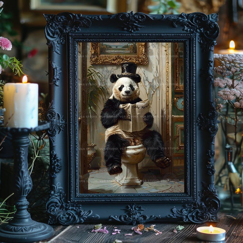 Funny Panda Wall Art Reading Newspaper on Toilet Whimsical Bathroom ...