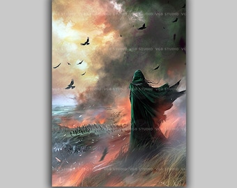 The Morrigan Battlefield Print, Raven Crow Wall Art, Irish Mythology Painting, Dark Fantasy Landscape Decor, Celtic Goddess Poster M60