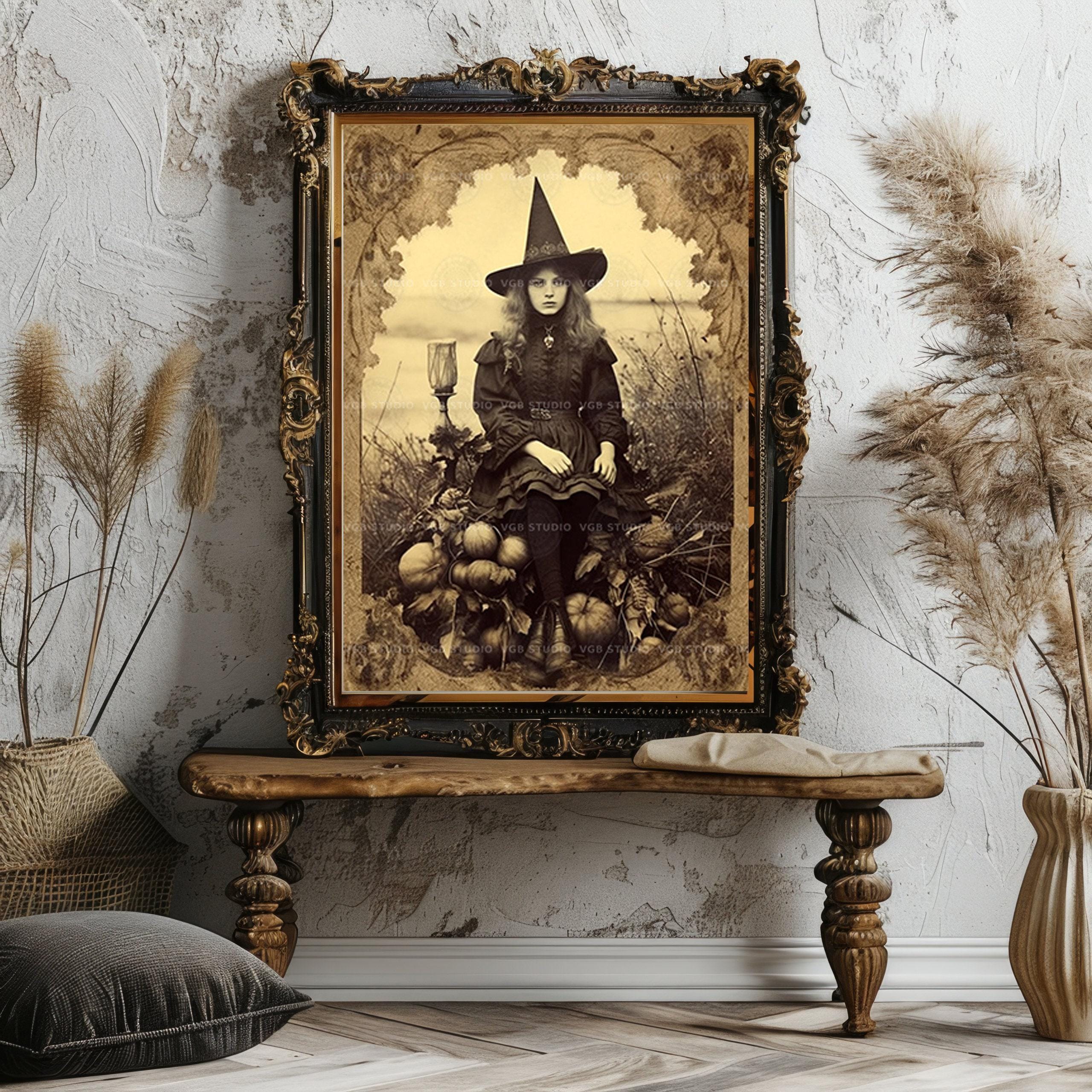 Vintage Witch Halloween Wall Art Print, Victorian Gothic Girl With