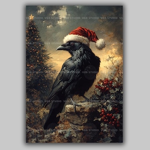 Impression d'art Noël corbeau décoration murale gothique vacances bonnet de noel corbeau hiver sombre oeuvre d'imagination victorienne illustration oiseau cadeau de Noël y41